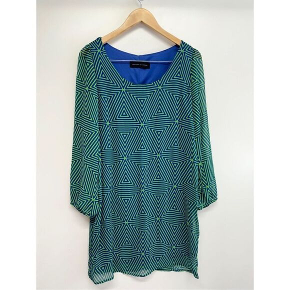 Peaches N Cream Dress Womens Size Medium Green Blue Long Sleeve Geometric Print - Picture 1 of 10